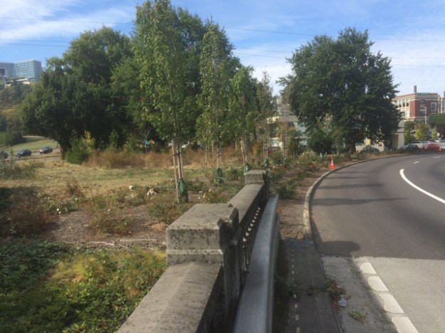Peeling off towards downtown from the bridge westbound